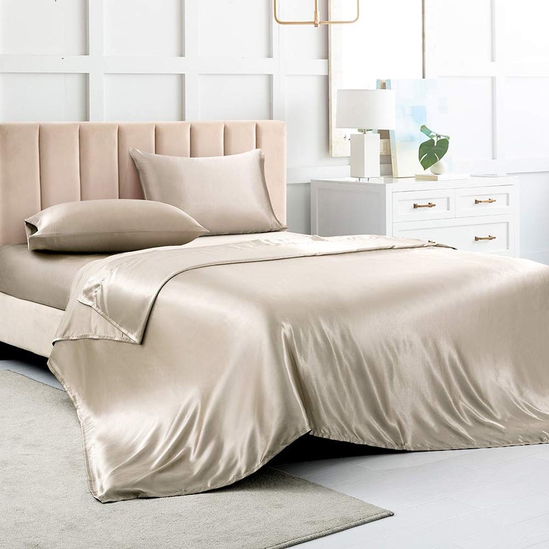Luxbedding Satin Bed Sheets Queen Sheet Set, Taupe Silk Sheets, 4 - Pieces Soft Bedding Set with 1 Deep Pocket Fitted Sheet,1 Flat Sheet,2 Pillowcase - Image 1